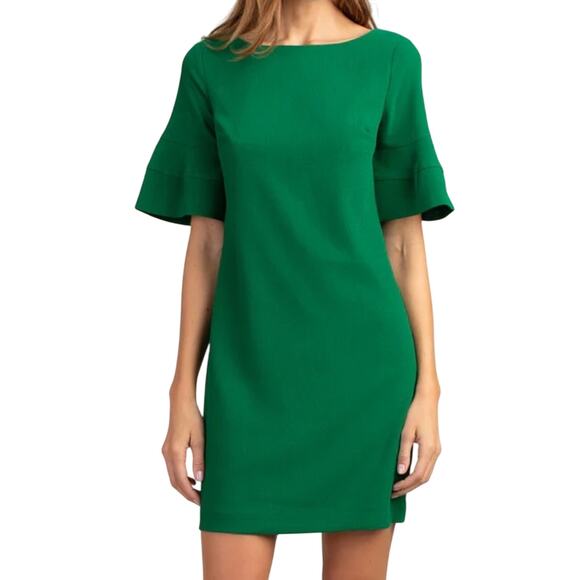 Trina Turk Emerald Green Two Bell Sleeve Sheath Dress, Gold Zipper, Size 0 NWOT - Picture 1 of 9
